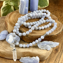 Load image into Gallery viewer, Back in Stock & Only 3! Limited Grade A Blue Lace Agate Goddess Relaxation 108 Stretch Mala Necklace Bracelet