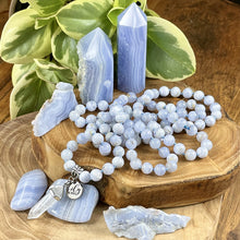 Load image into Gallery viewer, Limited Grade A Blue Lace Agate Goddess Relaxation 108 Hand Knotted Mala with Point Charm Pendant Necklace