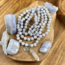 Load image into Gallery viewer, Limited Grade A Blue Lace Agate Goddess Relaxation 108 Hand Knotted Mala with Point Charm Pendant Necklace