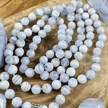 Load image into Gallery viewer, Limited Grade A Blue Lace Agate Goddess Relaxation 108 Hand Knotted Mala with Point Charm Pendant Necklace