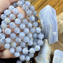Load image into Gallery viewer, Limited Grade A- Blue Lace Agate Chalcedony Goddess Relaxation 108 Hand Knotted Mala with Point Charm Pendant Necklace