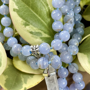 Limited Grade A- Blue Lace Agate Chalcedony Goddess Relaxation 108 Hand Knotted Mala with Point Charm Pendant Necklace