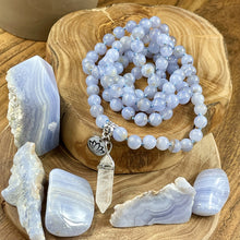 Load image into Gallery viewer, Limited Grade A- Blue Lace Agate Chalcedony Goddess Relaxation 108 Hand Knotted Mala with Point Charm Pendant Necklace