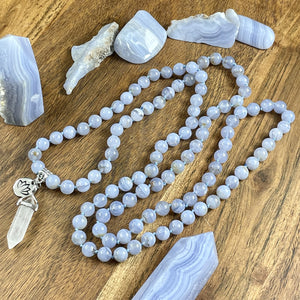 Limited Grade A- Blue Lace Agate Chalcedony Goddess Relaxation 108 Hand Knotted Mala with Point Charm Pendant Necklace