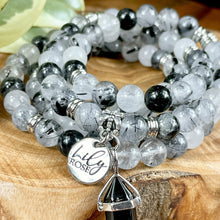 Load image into Gallery viewer, Tourmalinated Quartz Black Tourmaline in Clear Quartz Master Healing 108 Mala Necklace Bracelet