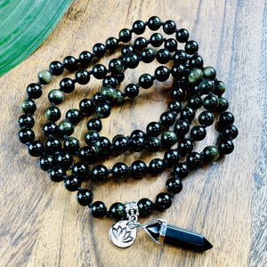 Glimmering Gold Sheen Obsidian Wizard Stone Energetic Shield 108 Hand Knotted Mala with Point Charm Pendant Necklace