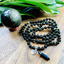 Load image into Gallery viewer, Glimmering Gold Sheen Obsidian Wizard Stone Energetic Shield 108 Hand Knotted Mala with Point Charm Pendant Necklace