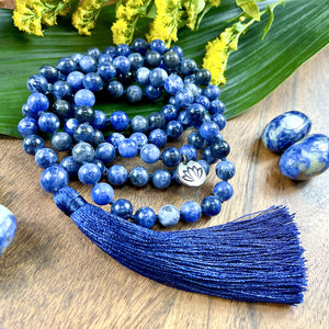 Sodalite Harmony 108 Hand Knotted Mala with Tassel Necklace