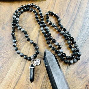 Limited Silver Sheen Obsidian Shamanic Journey 108 Hand Knotted Mala with Point Charm Pendant Necklace