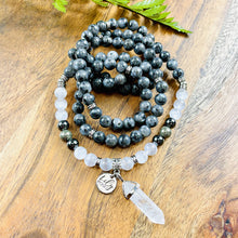 Load image into Gallery viewer, Limited Evil Eye Protection Labradorite Larvakite Pyrite Hematite Selenite Satin Spar 108 Stretch Mala Necklace Bracelet