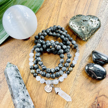 Load image into Gallery viewer, Limited Evil Eye Protection Labradorite Larvakite Pyrite Hematite Selenite Satin Spar 108 Stretch Mala Necklace Bracelet