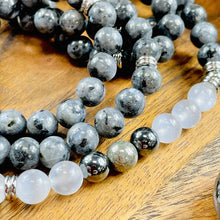 Load image into Gallery viewer, Limited Evil Eye Protection Labradorite Larvakite Pyrite Hematite Selenite Satin Spar 108 Stretch Mala Necklace Bracelet