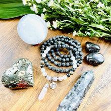 Load image into Gallery viewer, Limited Evil Eye Protection Labradorite Larvakite Pyrite Hematite Selenite Satin Spar 108 Stretch Mala Necklace Bracelet