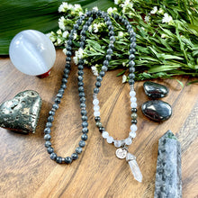 Load image into Gallery viewer, Limited Evil Eye Protection Labradorite Larvakite Pyrite Hematite Selenite Satin Spar 108 Stretch Mala Necklace Bracelet