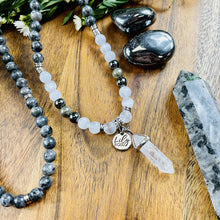 Load image into Gallery viewer, Limited Evil Eye Protection Labradorite Larvakite Pyrite Hematite Selenite Satin Spar 108 Stretch Mala Necklace Bracelet