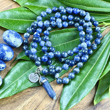Load image into Gallery viewer, Sodalite Harmony and Truth 108 Hand Knotted Mala with Point Charm Pendant Necklace