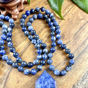 Sodalite Harmony and Truth 108 Hand Knotted Mala with Point Charm Pendant Necklace