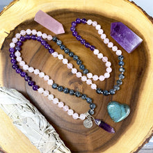 Load image into Gallery viewer, Limited Edition Triple Power Labradorite, Amethyst, Rose Quartz 108 Hand Knotted Mala with Point Charm Pendant Necklace