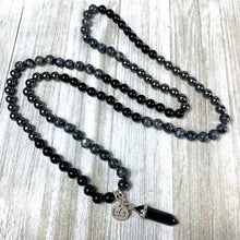 Load image into Gallery viewer, Limited Triple Power Grounding & Stress Reliever Black Onyx Hematite Labradorite 108 Hand Knotted Mala with Point Charm Pendant Necklace