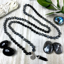 Load image into Gallery viewer, Limited Triple Power Grounding & Stress Reliever Black Onyx Hematite Labradorite 108 Hand Knotted Mala with Point Charm Pendant Necklace