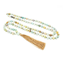 Load image into Gallery viewer, Australian Amazonite Clarity 108 Hand Knotted Mala with Tassel Necklace