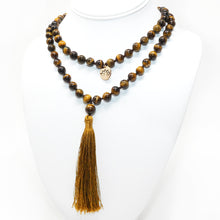 Load image into Gallery viewer, Tigers Eye Willpower 108 Hand Knotted Mala with Tassel Necklace