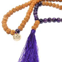 Load image into Gallery viewer, Bodhi and Amethyst Wisdom and Balance 108 Mala with Tassel Necklace