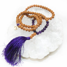 Load image into Gallery viewer, Bodhi and Amethyst Wisdom and Balance 108 Mala with Tassel Necklace