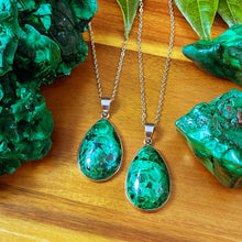 Load image into Gallery viewer, Limited Malachite Master Ascension Fibrous XL Polished Teardrop Pendant 18” White Gold Necklace