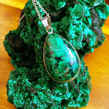 Load image into Gallery viewer, Limited Malachite Master Ascension Fibrous XL Polished Teardrop Pendant 18” White Gold Necklace