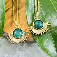 Load image into Gallery viewer, Malachite Ray of Light Sunburst Highest Energy Sun Pendant 18” Gold Necklace