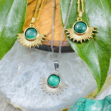 Load image into Gallery viewer, Malachite Ray of Light Sunburst Highest Energy Sun Pendant 18” Gold Necklace