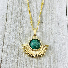 Load image into Gallery viewer, Malachite Ray of Light Sunburst Highest Energy Sun Pendant 18” Gold Necklace