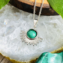 Load image into Gallery viewer, Malachite Ray of Light Sunburst Highest Energy Sun Pendant 18” White Gold Necklace