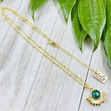 Load image into Gallery viewer, Malachite Ray of Light Sunburst Highest Energy Sun Pendant 18” Gold Necklace