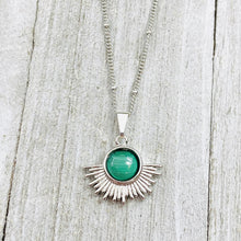 Load image into Gallery viewer, Malachite Ray of Light Sunburst Highest Energy Sun Pendant 18” White Gold Necklace
