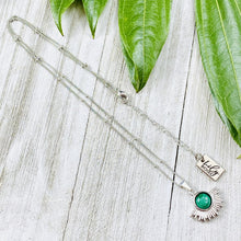 Load image into Gallery viewer, Malachite Ray of Light Sunburst Highest Energy Sun Pendant 18” White Gold Necklace