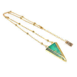 Dynamic Triangle Chrysoprase Double Sided Pendant 18” Gold Necklace