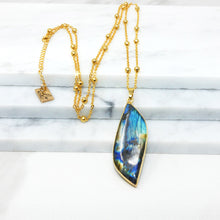 Load image into Gallery viewer, Dancing Wave Free-form Labradorite Pendant 30” 24k Gold Dip Edges Necklace