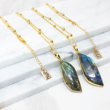 Load image into Gallery viewer, Dancing Wave Free-form Labradorite Pendant 30” 24k Gold Dip Edges Necklace