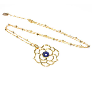 Spiritual Lotus Lapis Lazuli Open Flower Pendant 30” Gold Necklace