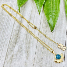 Load image into Gallery viewer, NEW STONE! Blue Apatite Ray of Light Sunburst Manifestation Sun Pendant 18” Gold Necklace