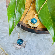 Load image into Gallery viewer, NEW STONE! Blue Apatite Ray of Light Sunburst Manifestation Sun Pendant 18” Gold Necklace