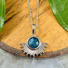Load image into Gallery viewer, NEW STONE! Blue Apatite Ray of Light Sunburst Manifestation Sun Pendant 18” White Gold Necklace
