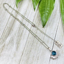 Load image into Gallery viewer, NEW STONE! Blue Apatite Ray of Light Sunburst Manifestation Sun Pendant 18” White Gold Necklace