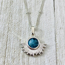 Load image into Gallery viewer, NEW STONE! Blue Apatite Ray of Light Sunburst Manifestation Sun Pendant 18” White Gold Necklace