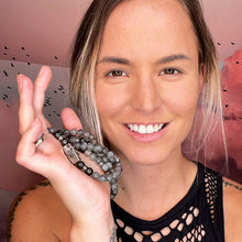 Load image into Gallery viewer, 8mm Elizabeth April Channeled UPDATED - NEW EARTH Grey Zeta Sacred Geometry Limited Edition Cosmic Species Stretch Mala Bracelet Necklace