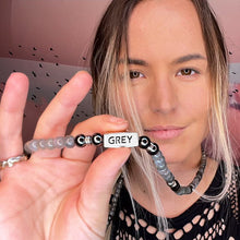 Load image into Gallery viewer, 8mm Elizabeth April Channeled UPDATED - NEW EARTH Grey Zeta Sacred Geometry Limited Edition Cosmic Species Stretch Mala Bracelet Necklace