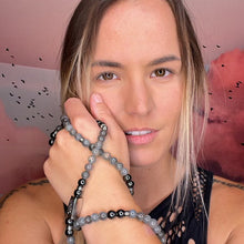 Load image into Gallery viewer, 8mm Elizabeth April Channeled UPDATED - NEW EARTH Grey Zeta Sacred Geometry Limited Edition Cosmic Species Stretch Mala Bracelet Necklace