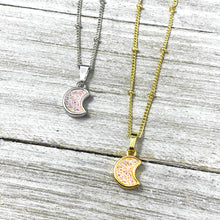 Load image into Gallery viewer, Sweet Mini Moon Aura Quartz Druzy Gemstone Minimalist Pendant 14” + 2” White Gold Necklace